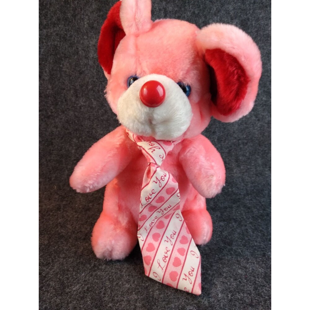 Vintage Pink Mouse Plush Red Ears Blue Eyes I Love You Hearts Tie